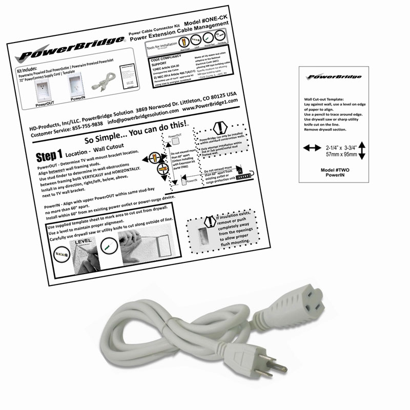 Hide TV Wires Kit ~ Model TWO-CK ~ PowerBridge ~ In Wall Cable
